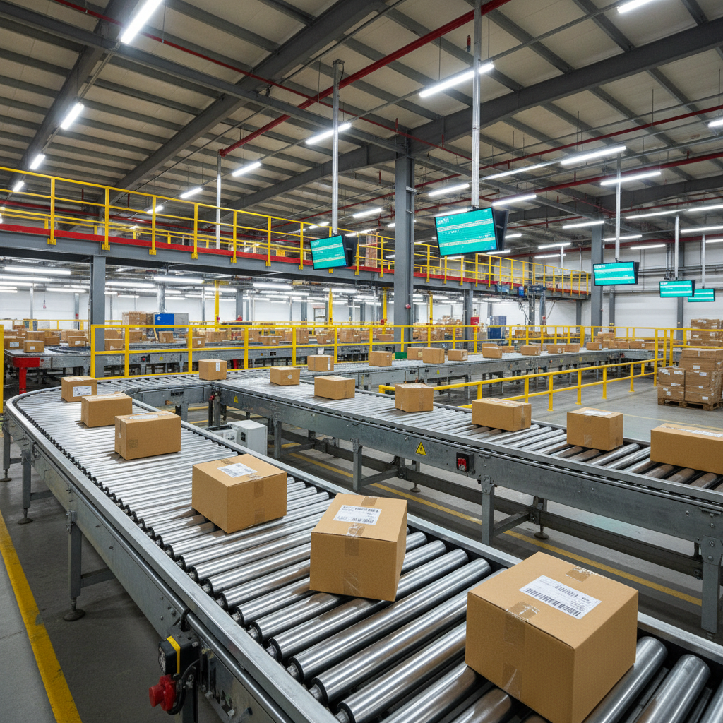 A focused, eye-level photographic scene inside a regional sorting area dedicated to Jabodetabek deliveries. A long, motorized conveyor belt runs diagonally through the frame, carrying various sizes of plain cardboard parcels with printed barcodes moving toward different branching lanes. Above, digital indicator panels without readable text glow softly, implying automated routing. The surrounding space features high ceilings, exposed structural beams, and safety rails painted in bright colors for clarity. Bright, neutral industrial lighting ensures every detail is visible without harsh contrast. The mood is technologically advanced yet practical, emphasizing speed, accuracy, and organized parcel flow. The composition uses leading lines from the conveyor and guardrails to draw the viewer’s eye through the process, reinforcing efficiency and reliability.