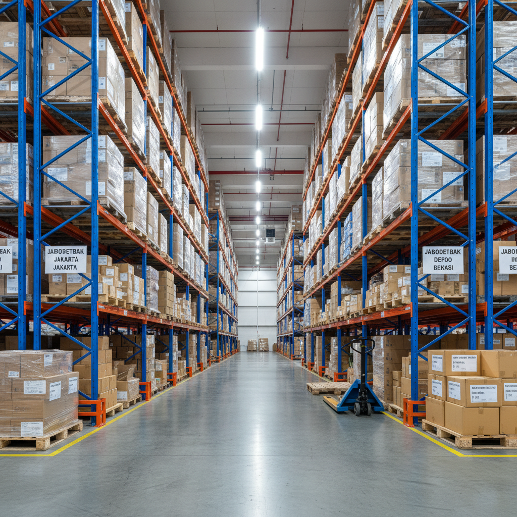 An expansive, well-organized logistics warehouse interior in photographic realism, captured from eye level down a central aisle. Tall, blue-and-orange steel racking stretches into the distance, filled with neatly labeled cartons and wrapped pallets destined for various parts of Jabodetabek. On the polished concrete floor, a small electric pallet jack is parked beside a staging area of boxes arranged on wooden pallets, ready for dispatch. Bright, even overhead LED lighting creates minimal shadows and a clear, clinical feel, highlighting the tidiness and safety of the facility. The atmosphere is orderly and reliable, with a strong sense of capacity and readiness. Composition emphasizes depth and perspective, drawing the viewer’s eye toward the vanishing point to convey scale and operational strength.