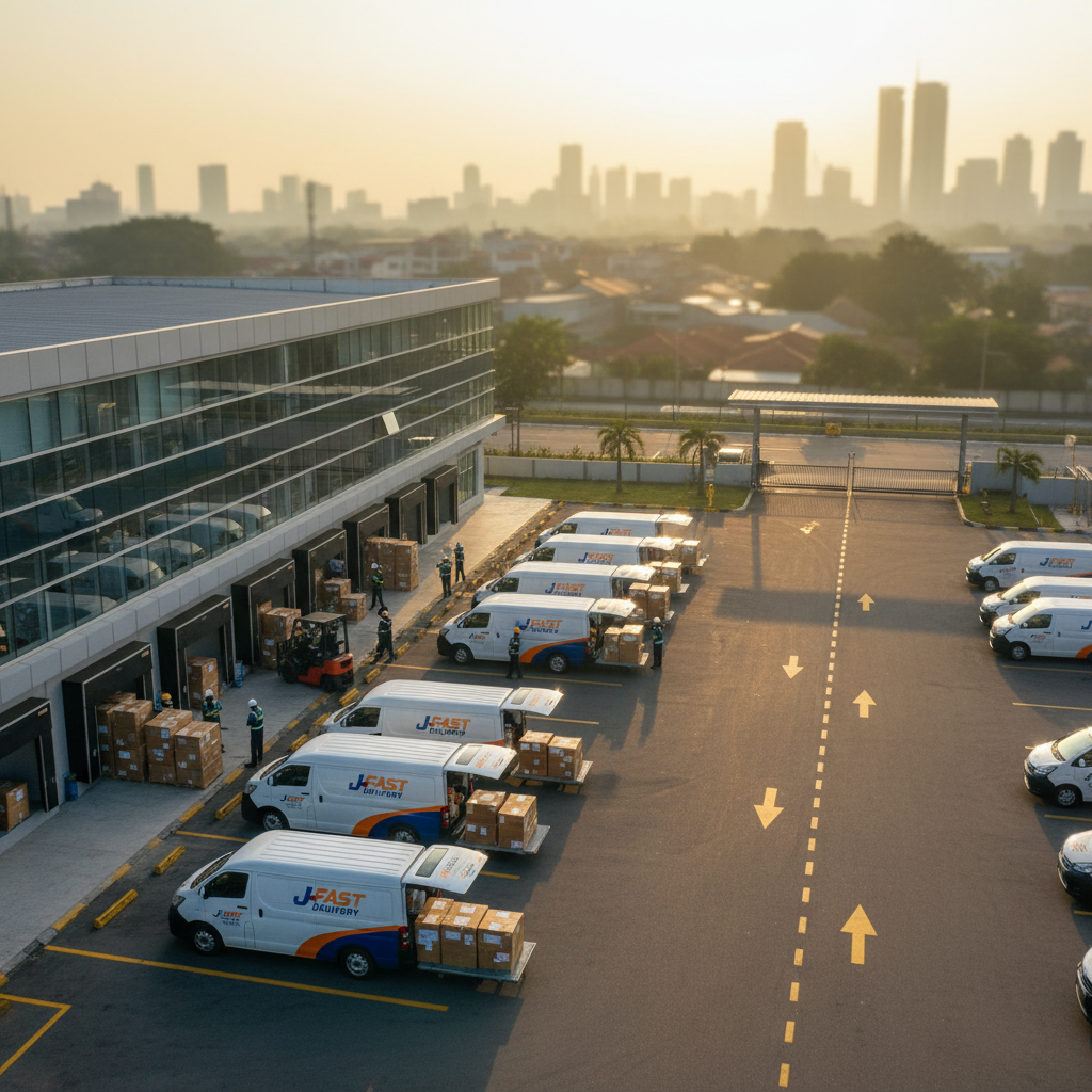 A dynamic bird’s-eye photographic view of a logistics operation yard that highlights last-mile delivery in the Jabodetabek area. Multiple compact delivery vans are positioned near the loading docks of a modern low-rise warehouse, each with open rear doors showing neatly stacked, clearly organized parcels. The paved yard has clearly painted routes and directional arrows leading toward a main gate that opens to a cityscape hinting at Jakarta’s skyline in soft focus. Early morning natural light casts long, gentle shadows and a golden tone, suggesting the start of a busy but well-coordinated day. The mood is energetic yet controlled, with a composition that balances the warehouse, vehicles, and distant city to communicate regional coverage and responsiveness.