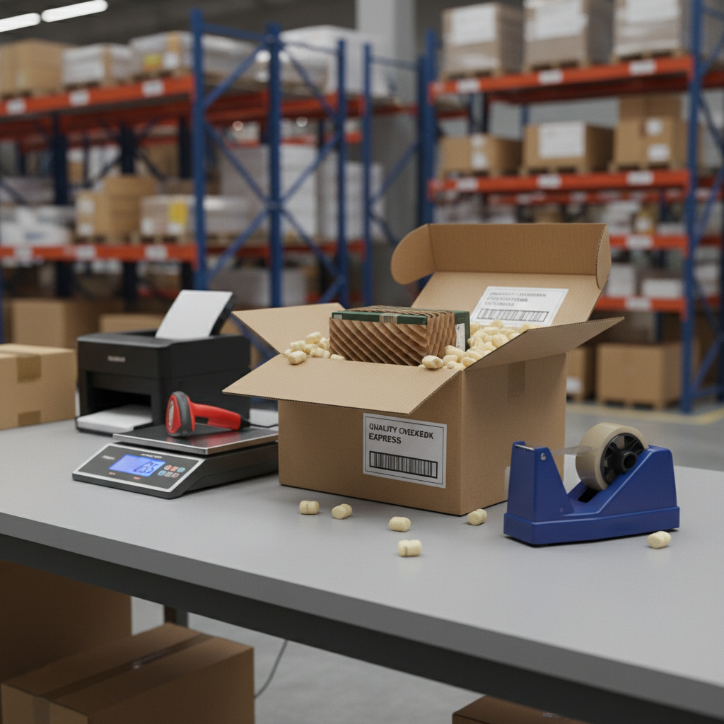 A close-up photographic shot of a parcel processing and packaging station in a logistics facility, showcasing attention to detail and care. On a sturdy, light-gray workbench, a medium-sized shipping carton sits open, filled with a securely wrapped product surrounded by neatly arranged biodegradable packing materials. Nearby, a digital scale, barcode scanner, and adhesive tape dispenser rest in orderly positions, with a thermal label printer in the background. Soft, evenly diffused overhead lighting eliminates harsh shadows, creating a clean, professional atmosphere. The focus is sharp on the box and tools, with a gentle bokeh effect on the warehouse shelving behind. The mood is meticulous and reassuring, emphasizing secure packing, accuracy, and quality service for shipments across Jabodetabek.