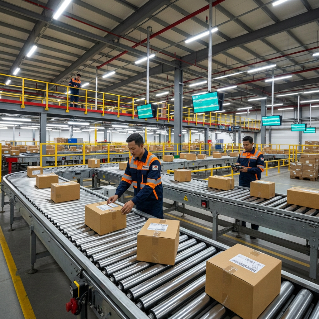 A focused, eye-level photographic scene inside a regional sorting area dedicated to Jabodetabek deliveries. A long, motorized conveyor belt runs diagonally through the frame, carrying various sizes of plain cardboard parcels with printed barcodes moving toward different branching lanes. Above, digital indicator panels without readable text glow softly, implying automated routing. The surrounding space features high ceilings, exposed structural beams, and safety rails painted in bright colors for clarity. Bright, neutral industrial lighting ensures every detail is visible without harsh contrast. The mood is technologically advanced yet practical, emphasizing speed, accuracy, and organized parcel flow. The composition uses leading lines from the conveyor and guardrails to draw the viewer’s eye through the process, reinforcing efficiency and reliability.
