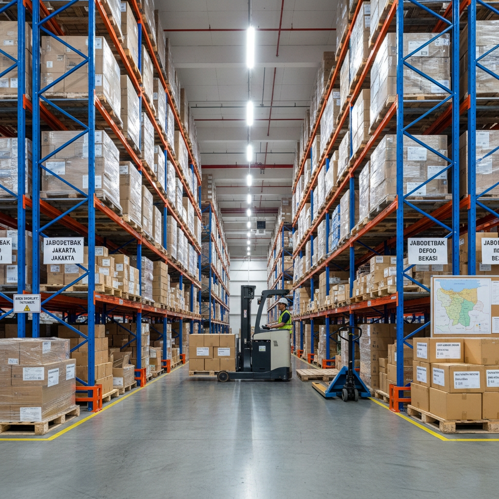 An expansive, well-organized logistics warehouse interior in photographic realism, captured from eye level down a central aisle. Tall, blue-and-orange steel racking stretches into the distance, filled with neatly labeled cartons and wrapped pallets destined for various parts of Jabodetabek. On the polished concrete floor, a small electric pallet jack is parked beside a staging area of boxes arranged on wooden pallets, ready for dispatch. Bright, even overhead LED lighting creates minimal shadows and a clear, clinical feel, highlighting the tidiness and safety of the facility. The atmosphere is orderly and reliable, with a strong sense of capacity and readiness. Composition emphasizes depth and perspective, drawing the viewer’s eye toward the vanishing point to convey scale and operational strength.