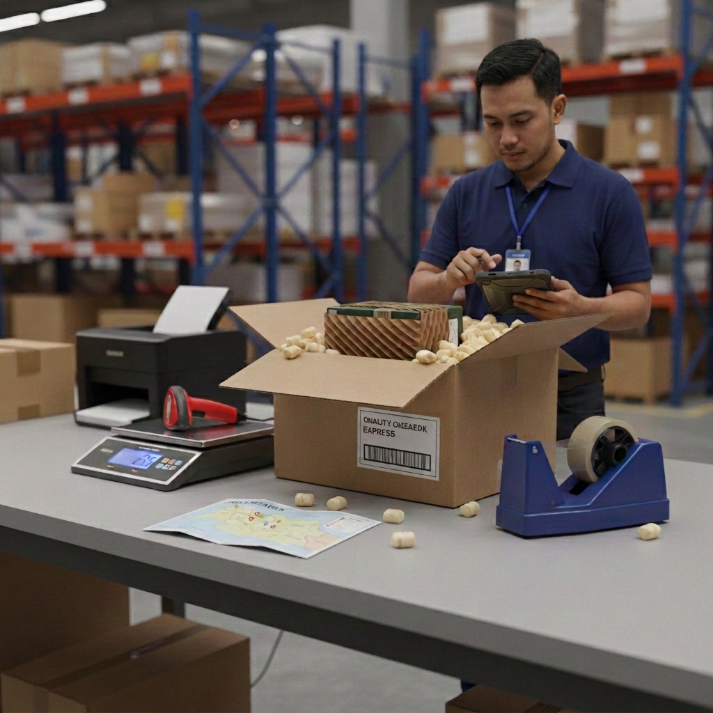 A close-up photographic shot of a parcel processing and packaging station in a logistics facility, showcasing attention to detail and care. On a sturdy, light-gray workbench, a medium-sized shipping carton sits open, filled with a securely wrapped product surrounded by neatly arranged biodegradable packing materials. Nearby, a digital scale, barcode scanner, and adhesive tape dispenser rest in orderly positions, with a thermal label printer in the background. Soft, evenly diffused overhead lighting eliminates harsh shadows, creating a clean, professional atmosphere. The focus is sharp on the box and tools, with a gentle bokeh effect on the warehouse shelving behind. The mood is meticulous and reassuring, emphasizing secure packing, accuracy, and quality service for shipments across Jabodetabek.