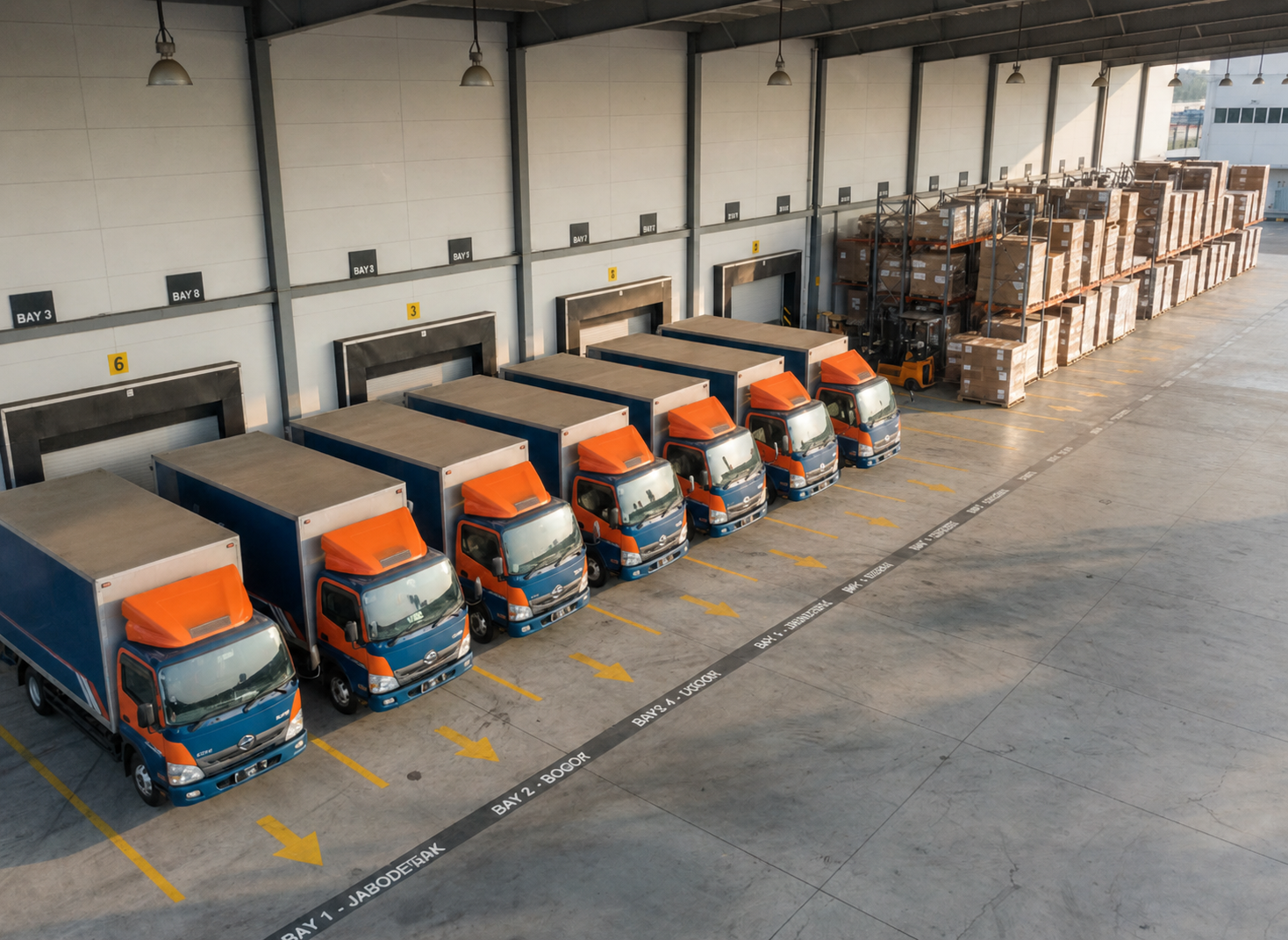 Jasa logistik A modern logistics company’s main distribution hub viewed from a slightly elevated angle, showing a neat fleet of medium-sized box trucks and vans in coordinated corporate colors parked in orderly rows. The clean concrete loading area is marked with bright directional lines and labeled loading bays, suggesting service across the Jabodetabek region. Inside an open bay, stacks of well-organized cartons and shrink-wrapped pallets are visible on heavy-duty metal racks. Late afternoon natural light combines with bright industrial lamps, creating crisp highlights on vehicle surfaces and soft shadows on the ground. The mood is professional, efficient, and trustworthy. Photographic realism with sharp focus throughout, balanced composition using the rule of thirds, and a clean, modern aesthetic ideal for a logistics brand homepage hero image.